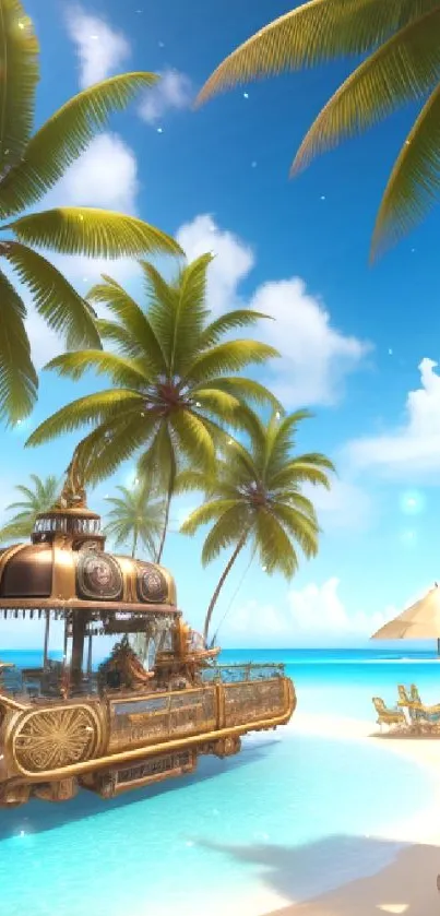 Steampunk boat on a tropical beach with palm trees and blue sky.