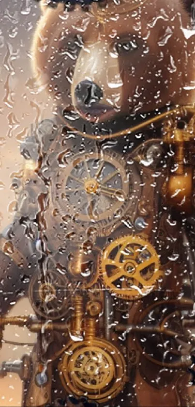 Steampunk bear with gears on rainy glass background.