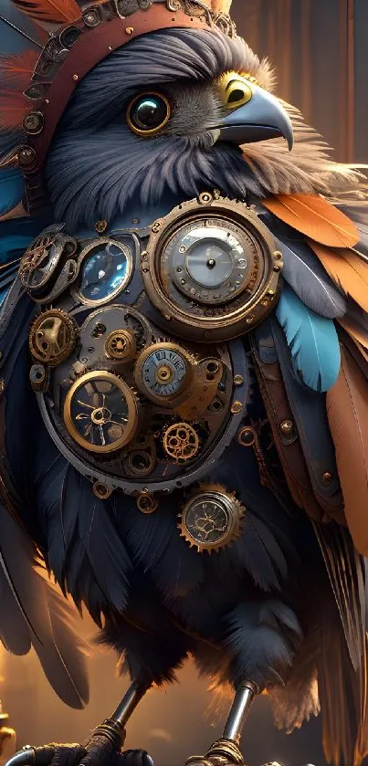 Steampunk bird with gears in vivid colors on mobile wallpaper.