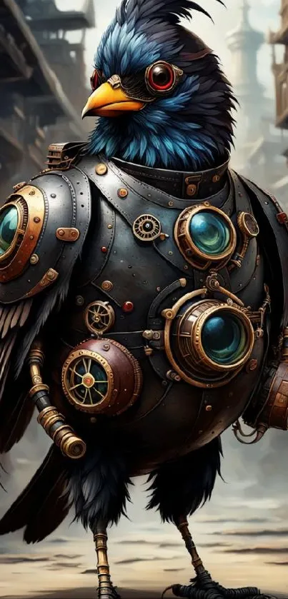 Steampunk bird with mechanical armor in artistic design.