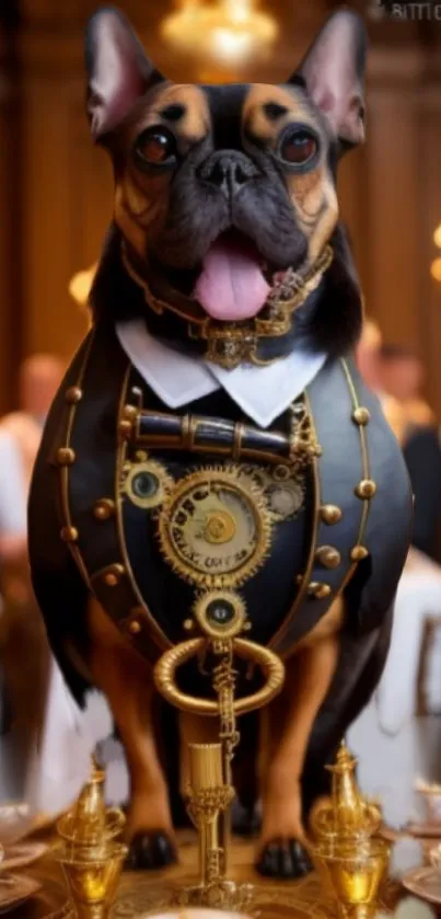 Steampunk bulldog at an elegant tea party with intricate design.