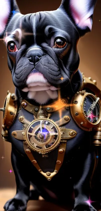 Steampunk bulldog with gears on a vivid art wallpaper.