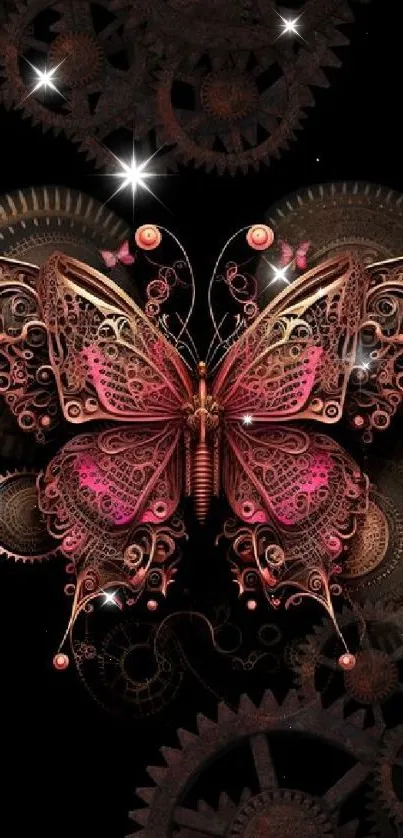 Steampunk butterfly with gears on a black background.