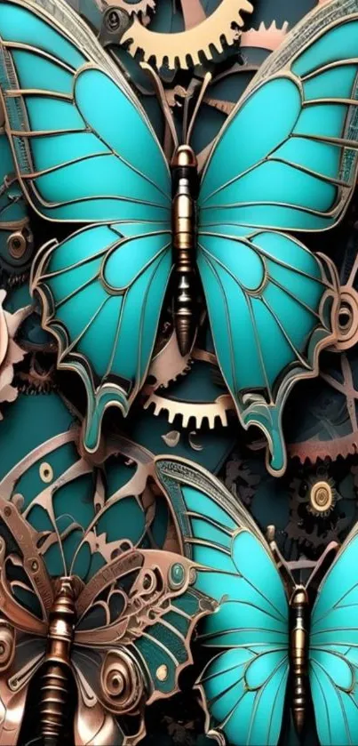 Steampunk butterfly art with teal and gears.