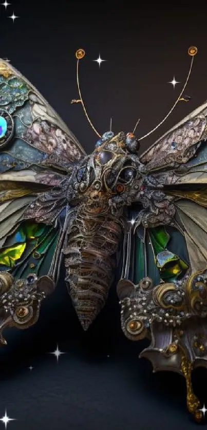 Intricate steampunk butterfly art with gears and vibrant colors.