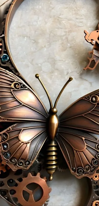 Copper steampunk butterfly with gears on marble background.