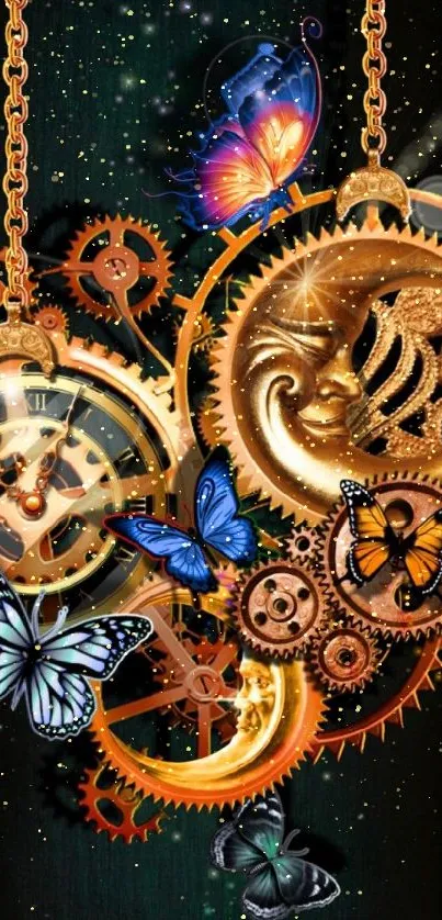 Steampunk butterfly wallpaper with gears and dark floral background.