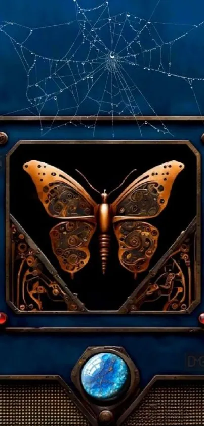 Steampunk butterfly with metallic design in blue theme.