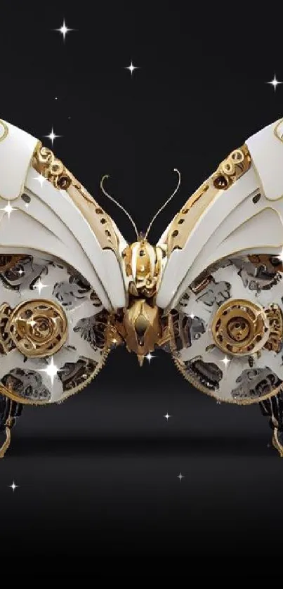 Steampunk butterfly with metallic gears and intricate design on a black background.