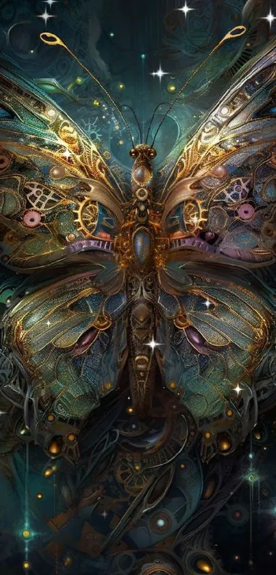 Intricate steampunk butterfly design with gears and metallic colors for mobile wallpaper.