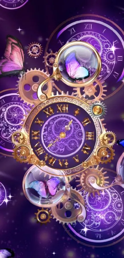 Steampunk clock with butterflies and gears on a purple background.