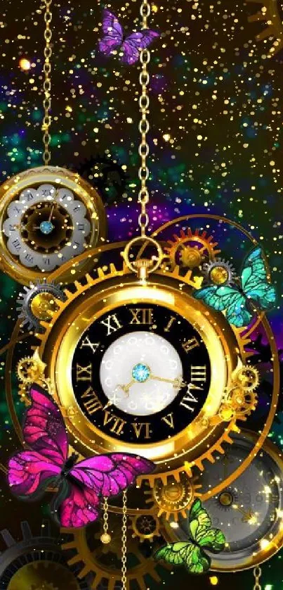 Steampunk wallpaper with clock, gears, and butterflies.