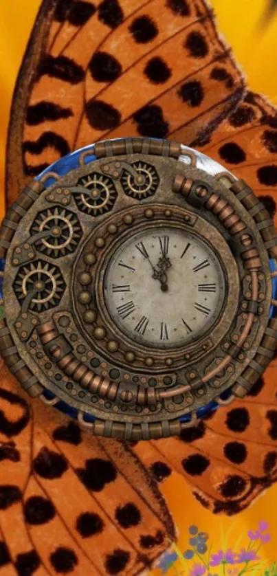 Steampunk butterfly clock with orange wings and gears design.