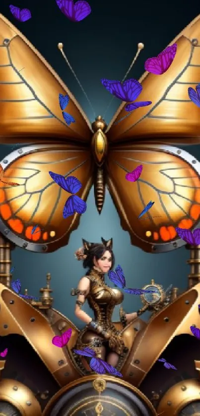 Steampunk butterfly with gears and a fantasy character illustration.