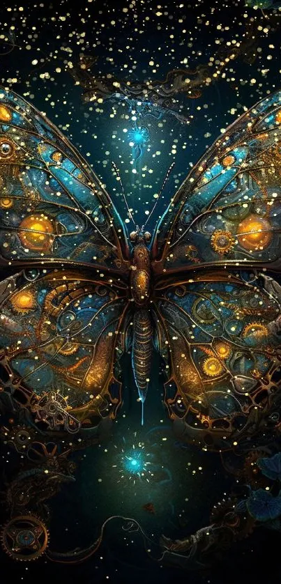 Steampunk butterfly with gears and vibrant colors on a dark background.