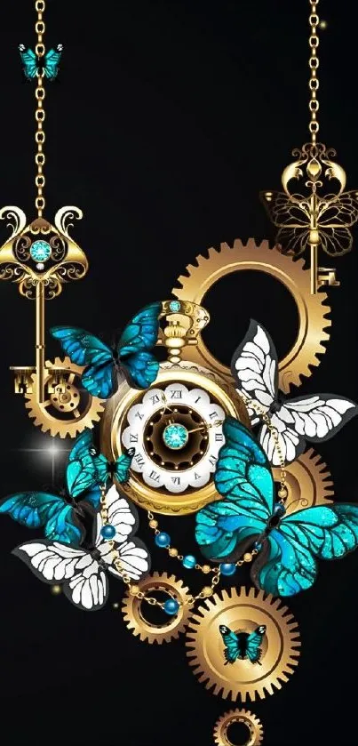 Steampunk wallpaper with turquoise butterflies and golden gears.