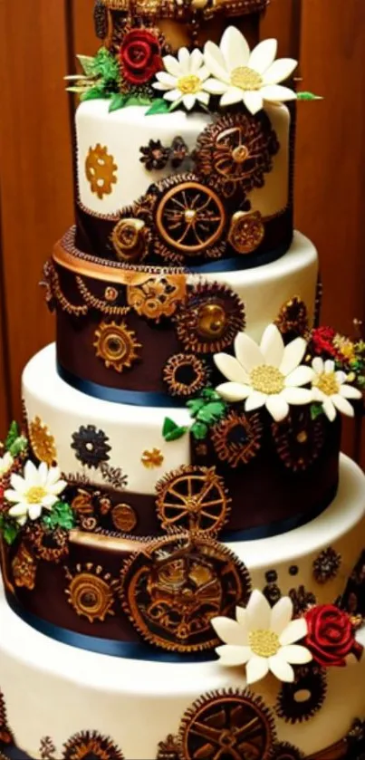 Steampunk cake with gears and flowers on five tiers.