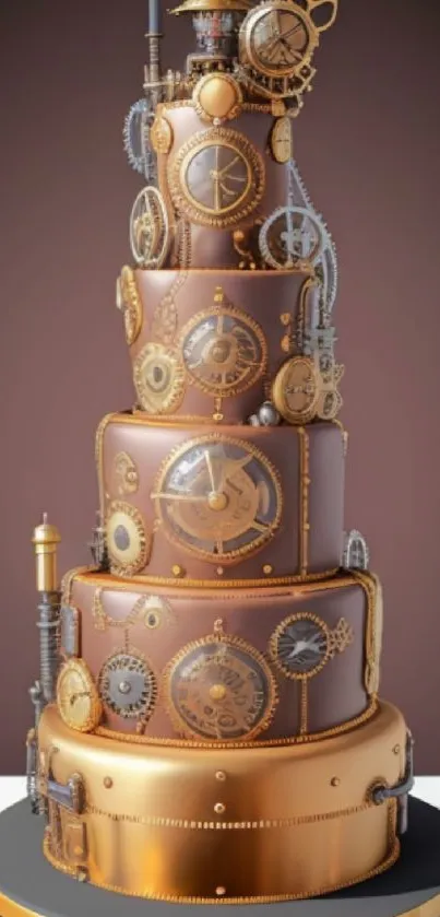 Steampunk themed cake with gears and brass elements in intricate design.