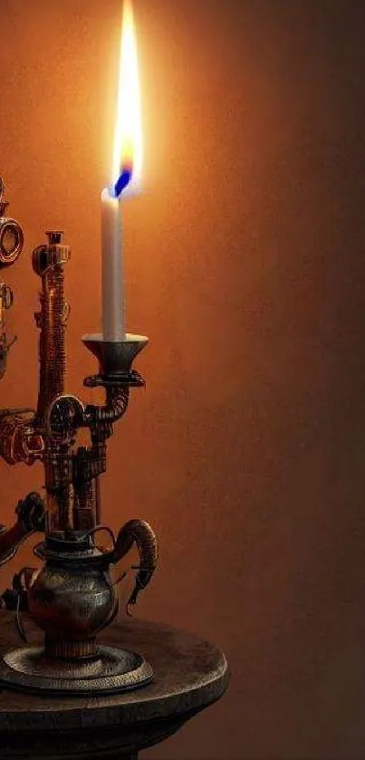 Steampunk candle holder with intricate metallic design and glowing flame.