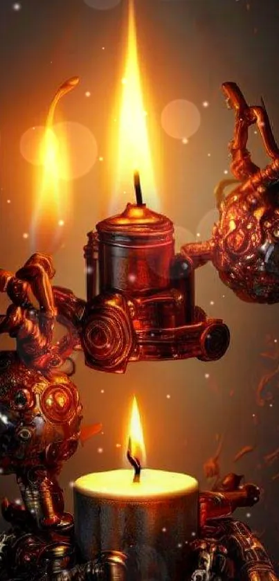 Steampunk art with glowing candles and intricate metal design.