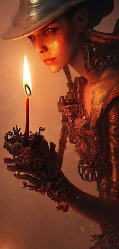 Steampunk android holding a candle in a dimly lit scene.