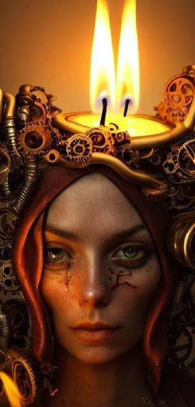 Steampunk-inspired portrait with candlelit headgear and mechanical elements.