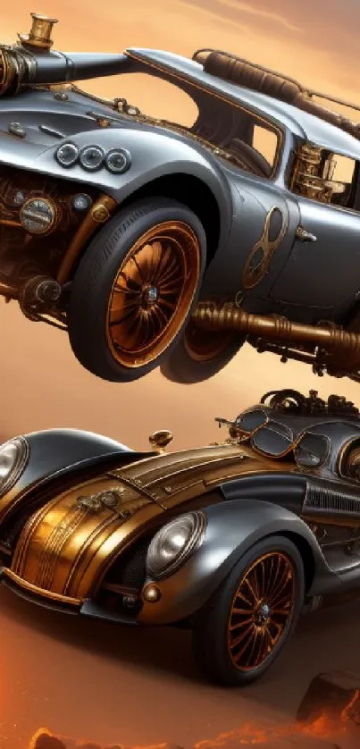 Steampunk retro-futuristic cars in motion on rugged terrain.