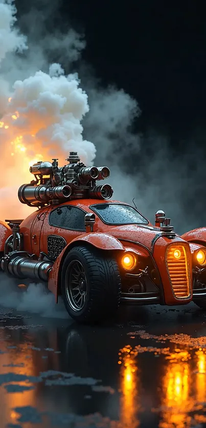 Steampunk car with glowing lights in a smoky, fiery setting.