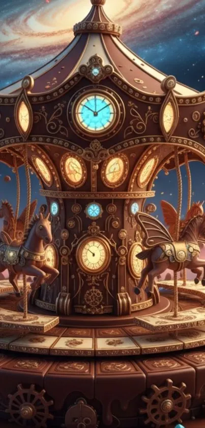 Whimsical steampunk carousel with cosmic backdrop and intricate design.