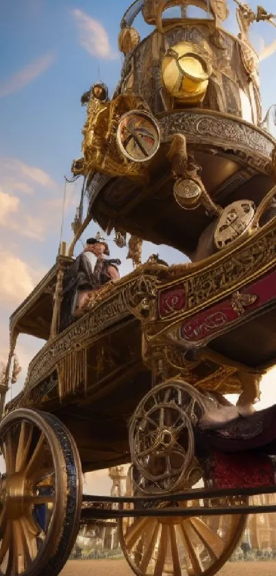 Intricate steampunk carriage with gold accents and scenic backdrop.