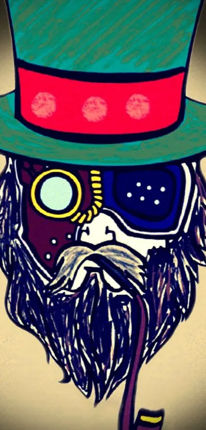 Steampunk bearded cartoon with a top hat and monocle pipe.