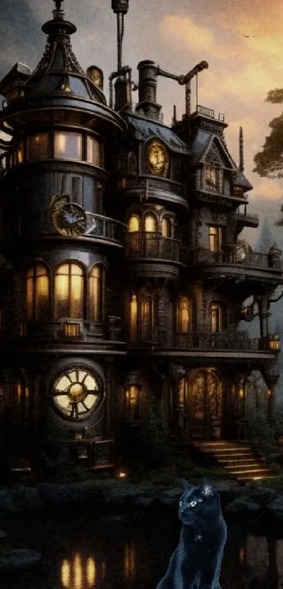 Steampunk castle with black cat at sunset.