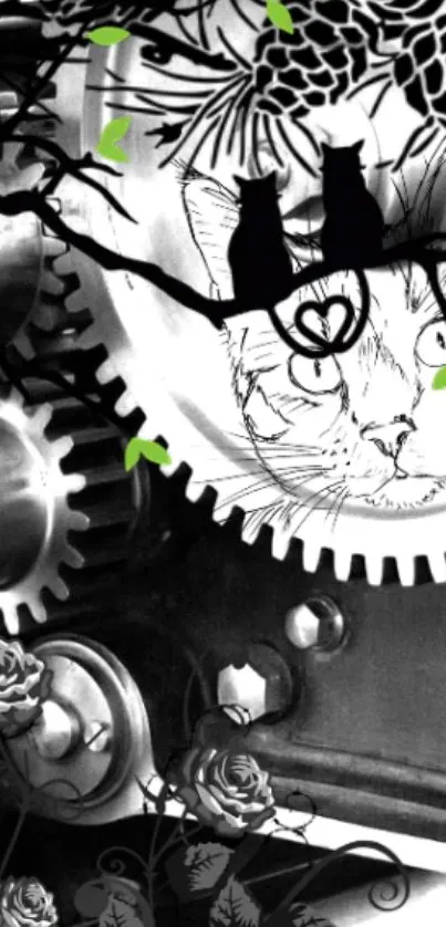 Steampunk cat with gears and green accents in artistic wallpaper.