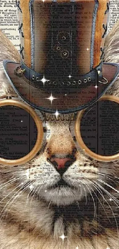 Steampunk cat with goggles and top hat on a vintage text background wallpaper.