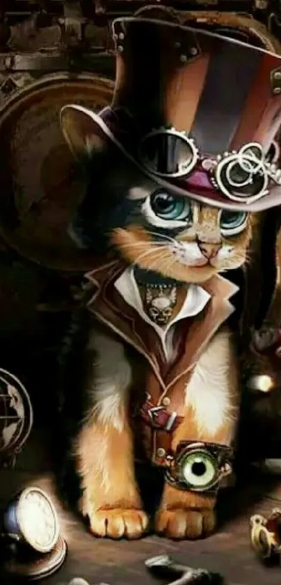 Steampunk cat wearing a top hat and goggles with vintage items.