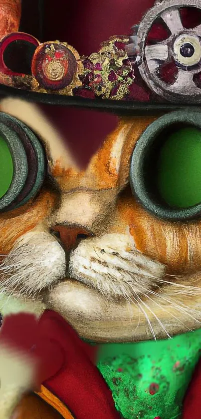 Steampunk cat with goggles in vibrant green and red hues, intricate gear details.