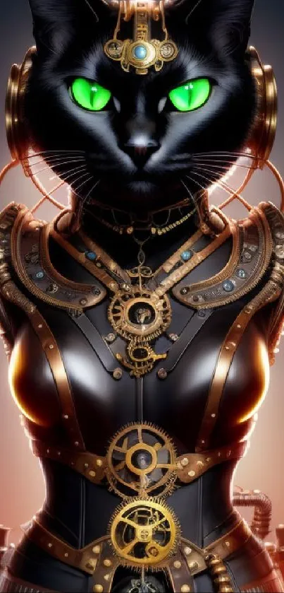 Steampunk cat artwork featuring vivid green eyes and intricate design elements.