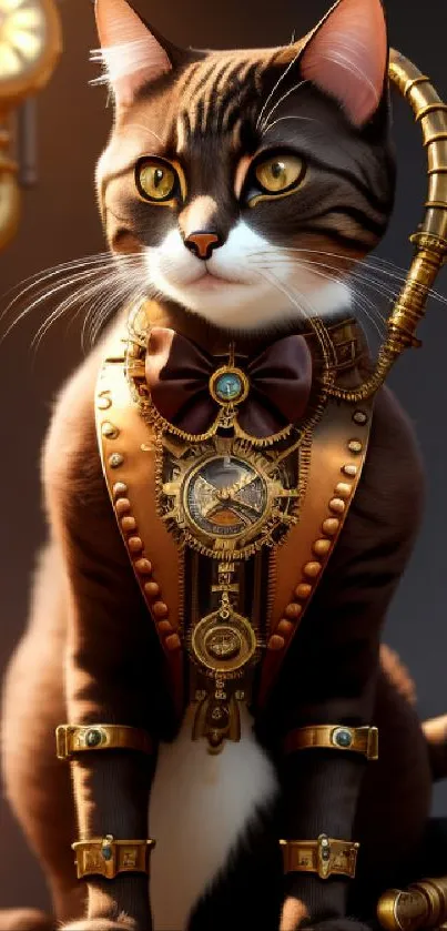 Steampunk cat with brass gears and copper accents in elegant pose.