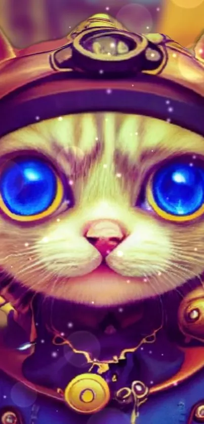 Fantasy steampunk cat with vibrant blue eyes in artistic mobile wallpaper.