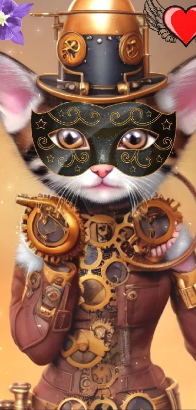 Steampunk cat with mask and gears on an orange background.