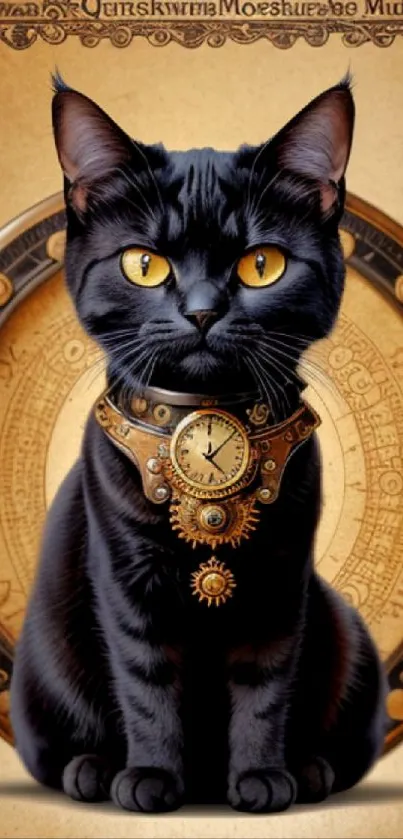 Gothic steampunk cat with clock in ornate brown frame.