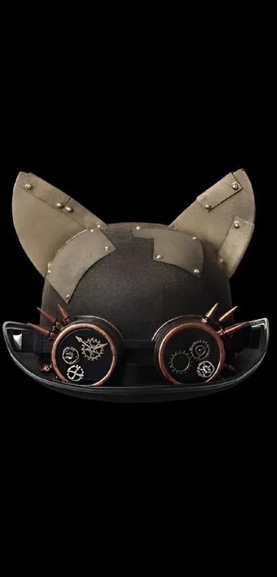 Steampunk cat helmet with goggles on black background.