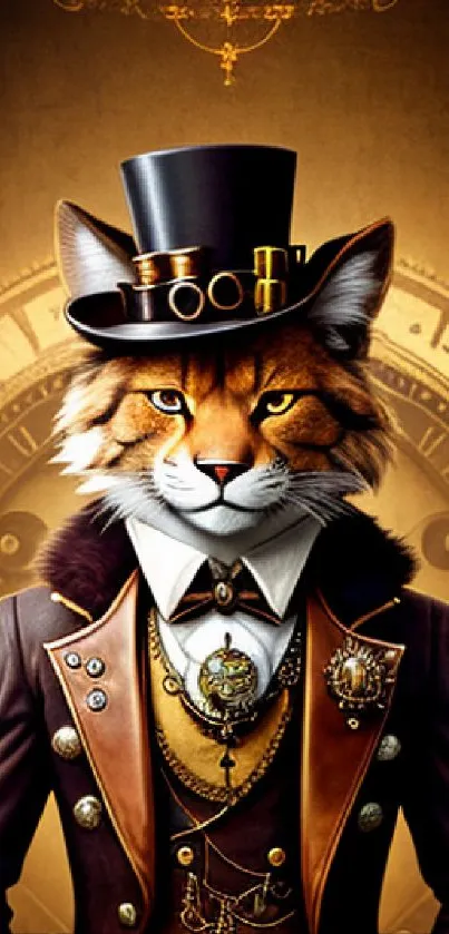 Steampunk cat dressed in Victorian attire against a clock backdrop.