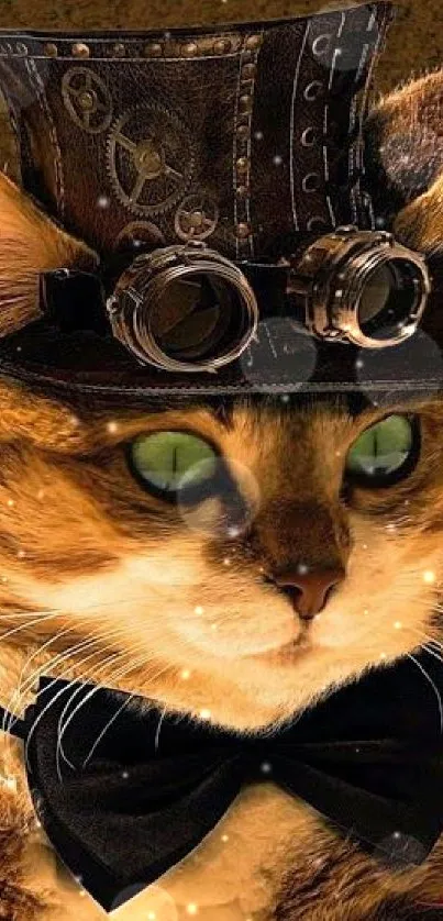 Steampunk cat with hat and goggles on brown background.