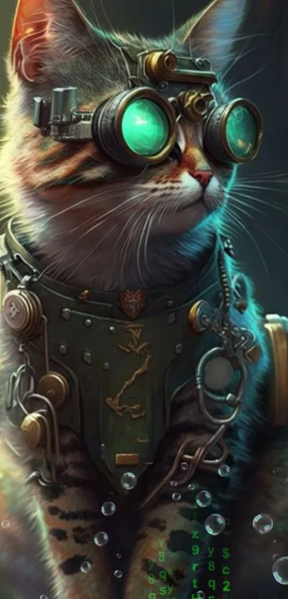 Steampunk cat with cyberpunk goggles and attire on a mobile wallpaper.