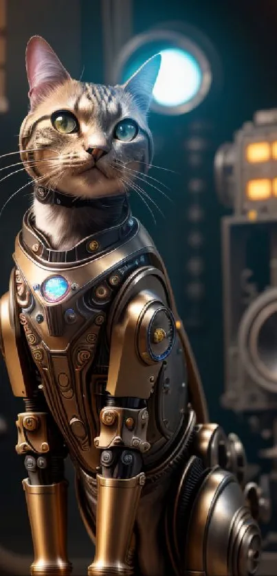 Steampunk cat in robotic armor with glowing gears background.