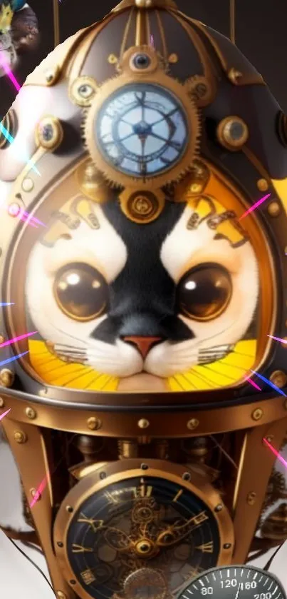 Steampunk cat in a space-themed illustration with bright details.