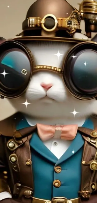 Steampunk cat with goggles and vintage attire wallpaper.