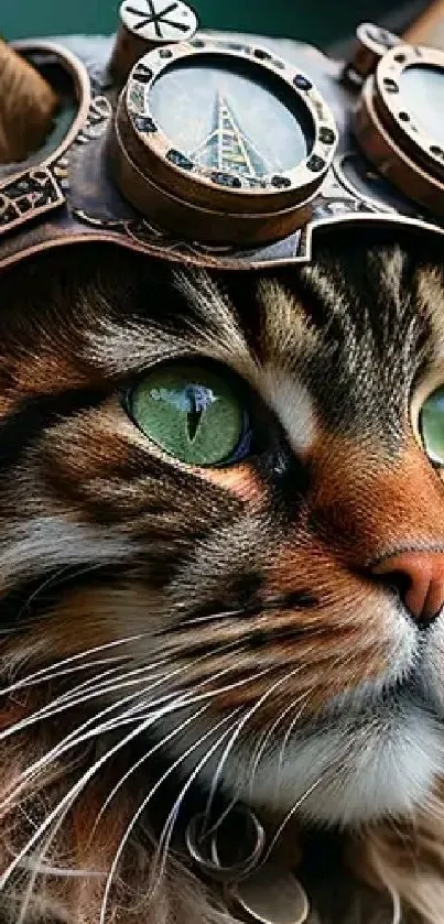 Steampunk cat with goggles and green eyes mobile wallpaper.