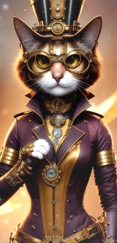 Steampunk cat in Victorian attire with top hat and goggles.